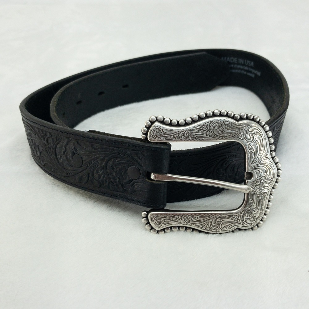 Tony Lama Layla Western Belt Womens Size 30 Black Floral Tooled Leather USA